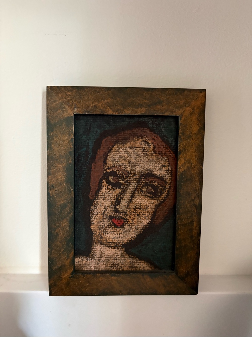Vintage Framed Woman Portrait Painting in Brown and Green
